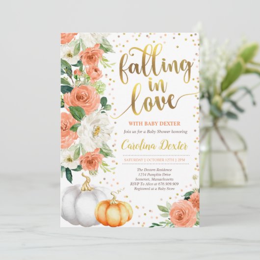 恋に落ちるベビーシャワー招待状オレンジ金ゴールド 招待状 (スタンド正面)