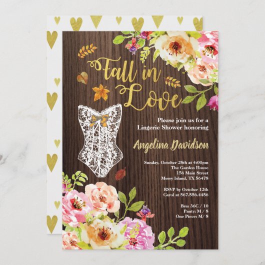 恋に落ちるランジェリーシャワーの招待状。 rustic 招待状 (正面/裏面)