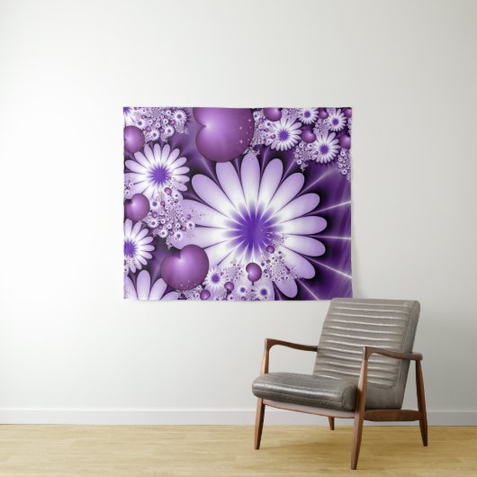 恋に落ちる抽象芸術花とハートフラクタル タペストリー (インサイチュ(横))