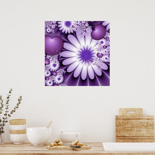 恋に落ちる抽象芸術花とハートフラクタル ポスター (キッチン)