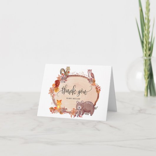 恋に落ちる森の動物たち、素朴なベビーシャワー サンキューカード (正面)