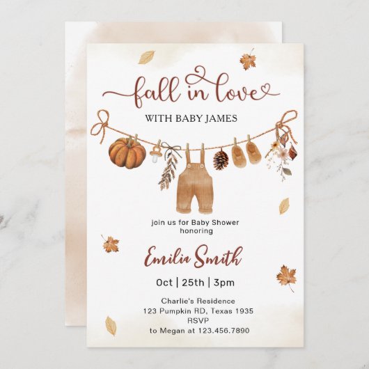 恋に落ちる男の子の服ベビーシャワー 招待状 (正面/裏面)