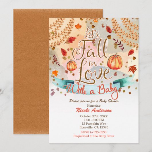 恋に落ちる秋のカボチャのベイビーシャワー 招待状 (正面/裏面)