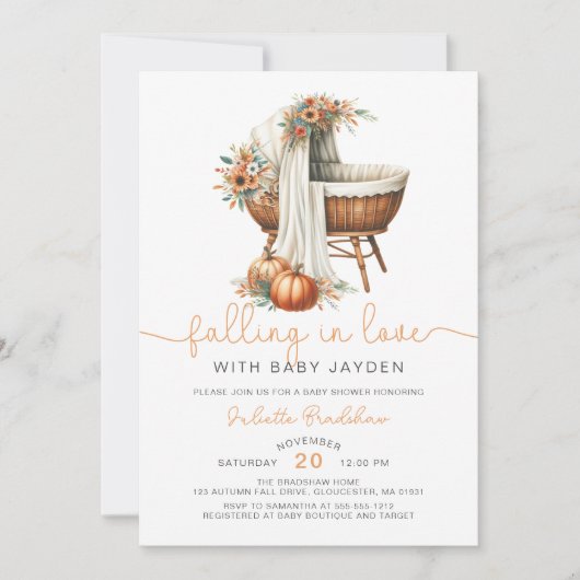 恋に落ちる秋のフローラベビーシャワー 招待状 (正面)