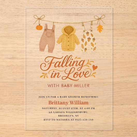 恋に落ちる秋の赤ちゃん服ベビーシャワー アクリル招待状 (正面)