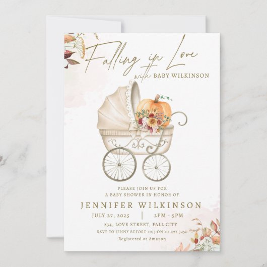 恋に落ちる秋ベビーシャワーカボチャベビーカー 招待状 (正面)