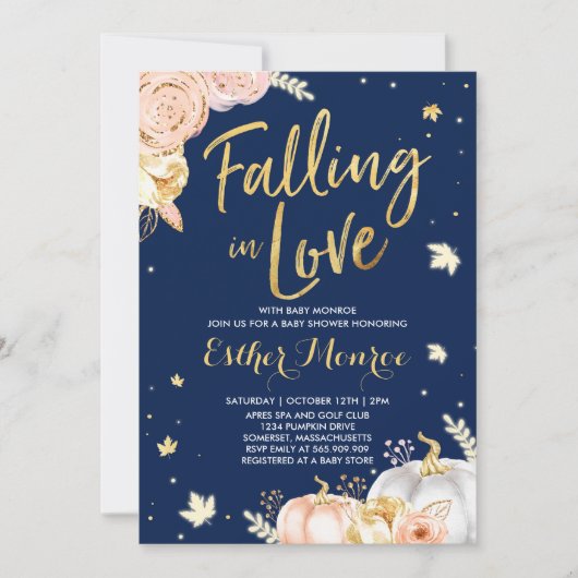 恋に落ちる赤ちゃんシャワー招待状ピンク金ゴールド 招待状 (正面)