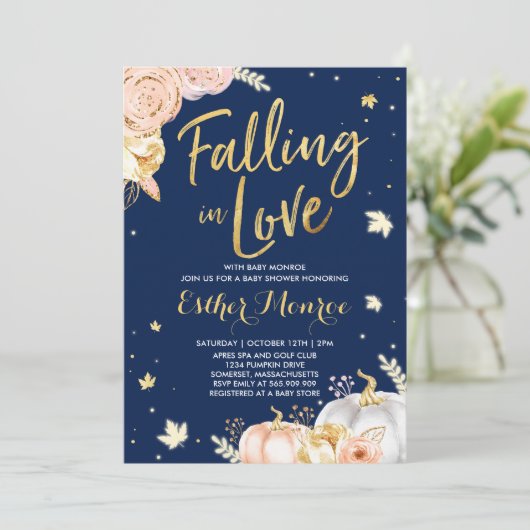 恋に落ちる赤ちゃんシャワー招待状ピンク金ゴールド 招待状 (スタンド正面)