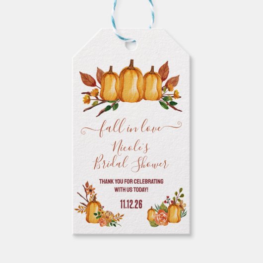 恋に落ちる オレンジ色のカボチャ 花のブライダルシャワー ギフトタグ (正面)