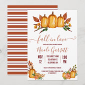 恋に落ちる、オレンジ色のカボチャ、花のブライダルシャワー 招待状 (正面/裏面)