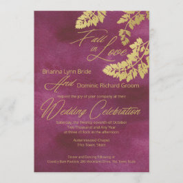 恋に落ちる クランベリーとゴールドの葉のウェディング 招待状