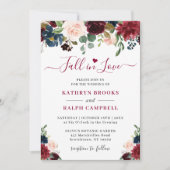 恋に落ちる ネイビーブルー ワインレッド ブラッシュ フラワー ウェディング 招待状 (正面)