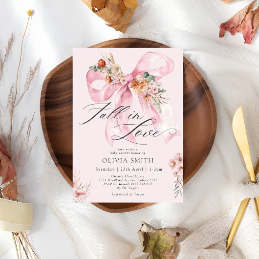 恋に落ちる ピンクの蝶結び 花のベイビーシャワー 招待状