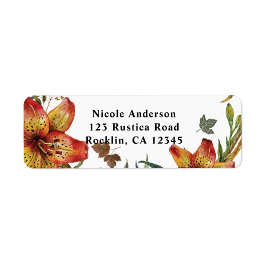 恋に落ちる フローラル オレンジ ユリと葉っぱのオータム ラベル (正面)