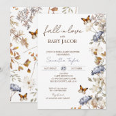 恋に落ちる ベイビーシャワー、秋の紅葉、青 招待状 (正面/裏面)