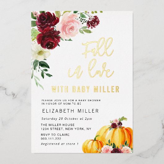 恋に落ちる ベビーシャワーのゴールドホイル招待状 箔招待状 (正面)