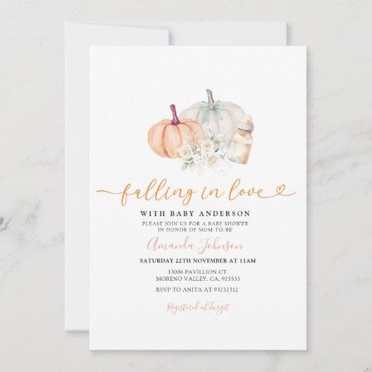 恋に落ちる ラスティック パンプキン 秋のベビーシャワー 招待状 (正面)