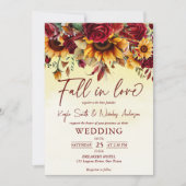 恋に落ちる ワインレッドのバラ ヒマワリ ウェディング 招待状 (正面)