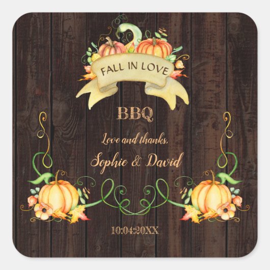 恋に落ちる 水彩のカボチャ 古い納屋のBBQ スクエアシール (正面)