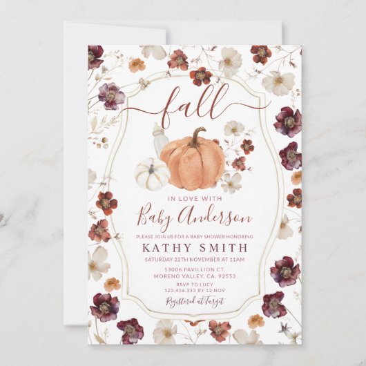 恋に落ちる 秋の野生の花 かぼちゃ 赤ちゃん歓迎会 招待状 (正面)