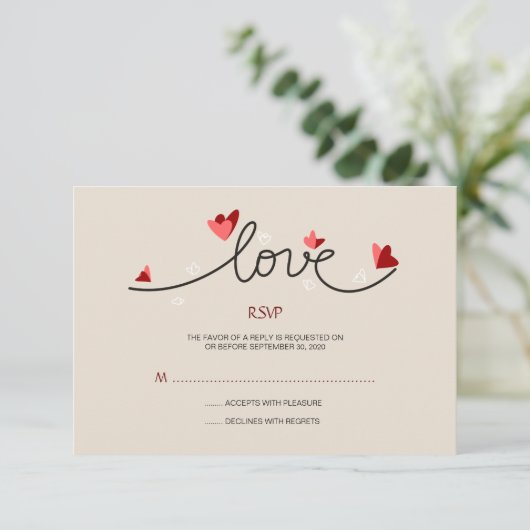 恋のシンプル文字エレガント結婚式RSVP 出欠カード (スタンド正面)