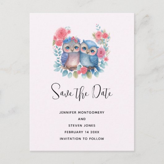 恋のフクロウ木の枝に座って日付を保存 インビテーションポストカード (正面)