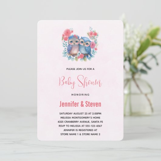 恋のフクロウ木の枝に座って赤ちゃんシャワー 招待状 (スタンド正面)