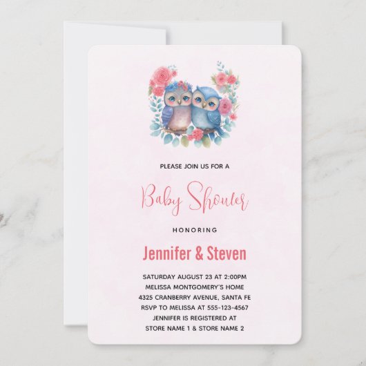 恋のフクロウ木の枝に座って赤ちゃんシャワー 招待状 (正面)