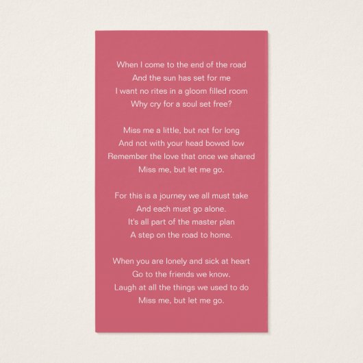 恋の思い出の写真追悼詩カード (裏面)