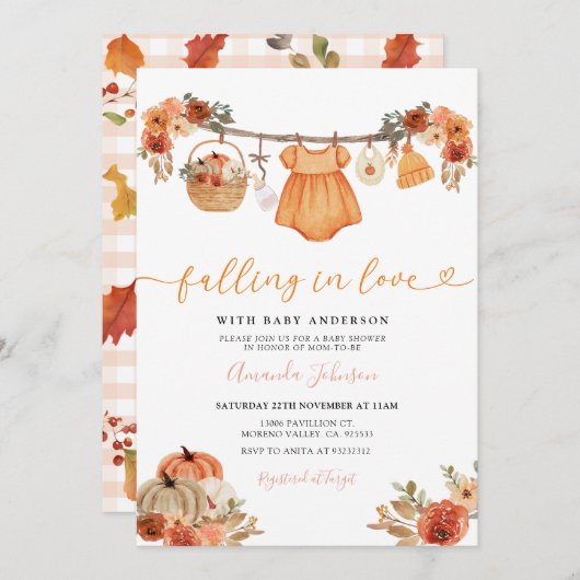 恋の服に落ちる女の子赤ちゃんシャワー 招待状 (正面/裏面)