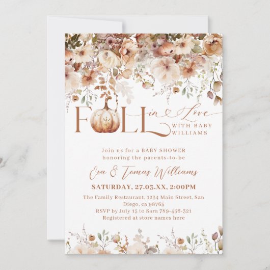 恋の秋ワイルドフラワー素朴赤ちゃんシャワー 招待状 (正面)