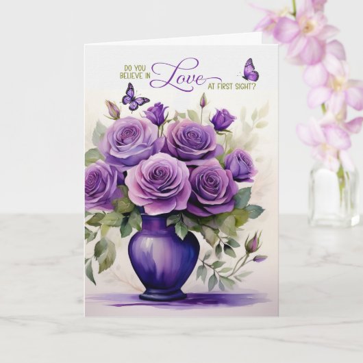 恋の第一印象 紫のバラの花瓶 ロマンティック カード (蘭)