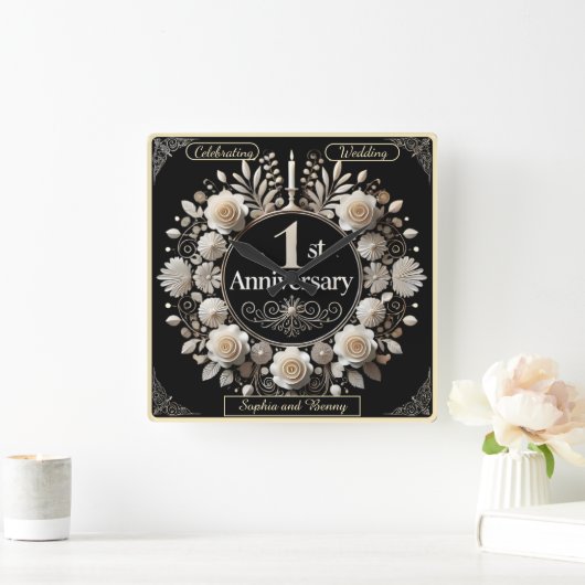 恋の紙の輪飾り スクエア壁時計 (ホーム)