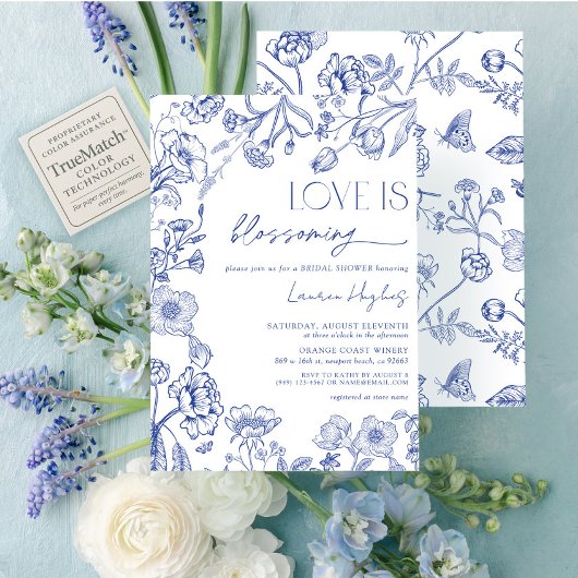 恋の花咲く青いヴィンテージフローラシャワー 招待状