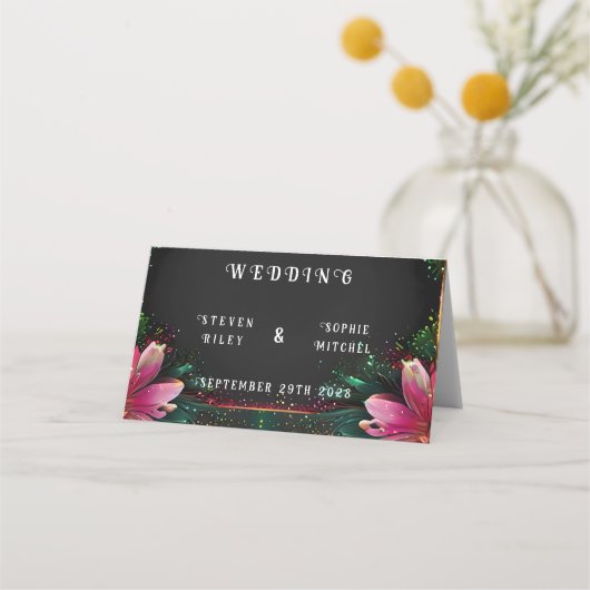 恋の花開き：フルフローラ結婚テーマ プレイスカード (正面)