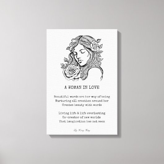 恋の詩の白黒のバラのウォールアートの女性 キャンバスプリント (正面)