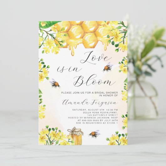 恋の開花黄色花模様ミツバチブライダルシャワー 招待状 (スタンド正面)