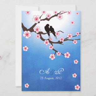 恋の鳥と桜 – 青い背景 招待状