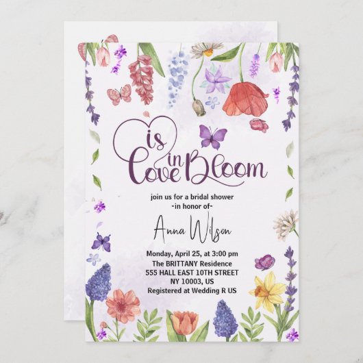 恋はワイルドフラワー開花春ブライダルシャワー 招待状 (正面/裏面)