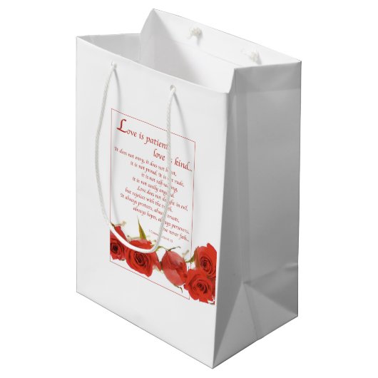 恋は忍耐強い赤いバラ ミディアムペーパーバッグ (正面アングル)