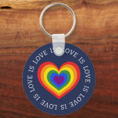 恋は愛LGBTQレインボーハートオンネイビーブルー キーホルダー (正面)