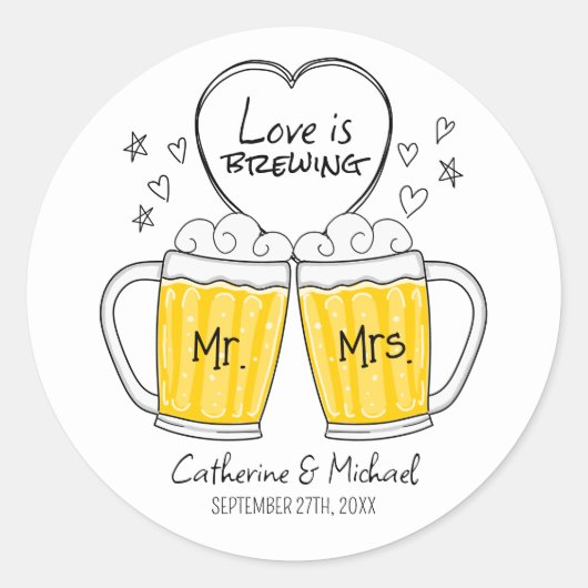 恋は手描きビアグラス結婚の ラウンドシール (正面)