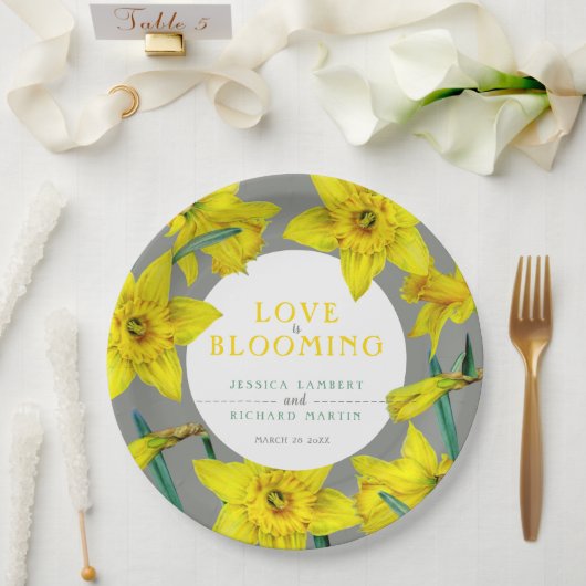 恋は水色の黄色の春の結婚式 ペーパープレート (ウェディング)