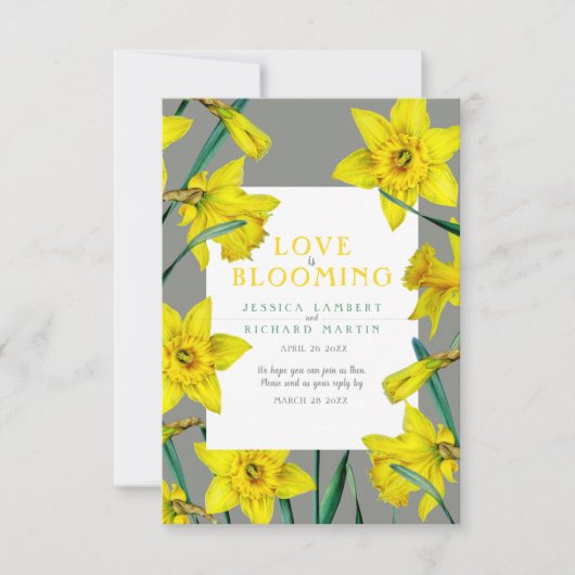 恋は水色の黄色の春の結婚式 出欠カード (正面)