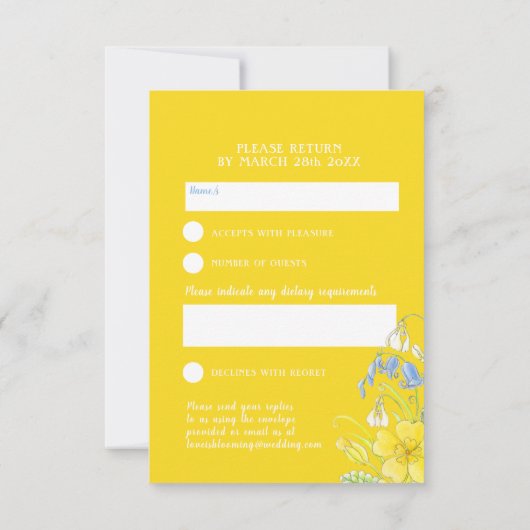 恋は水色の黄色の春の結婚式 出欠カード (裏面)