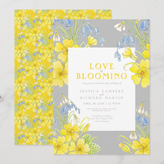 恋は花の春花黄結婚灰色 招待状 (正面/裏面)