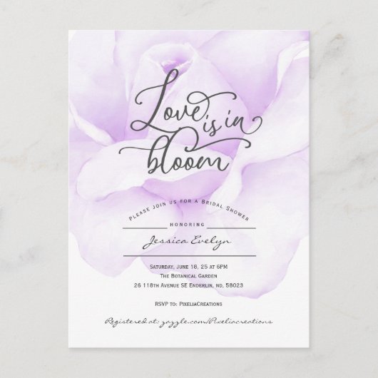 恋は開花シンプル紫モダンのシャワー インビテーションポストカード (正面)