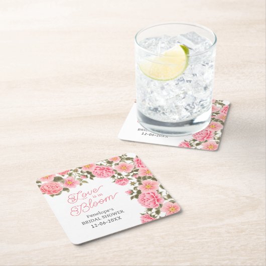 恋は開花ピンクかわいらしワイルドバラ スクエアペーパーコースター (インサイチュ)