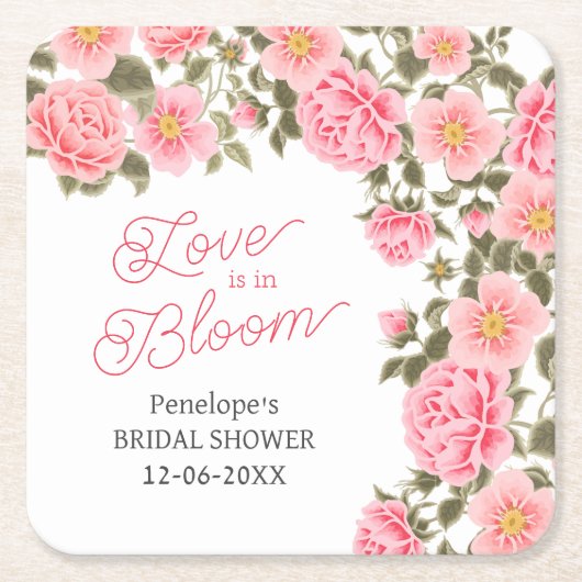 恋は開花ピンクかわいらしワイルドバラ スクエアペーパーコースター (正面)