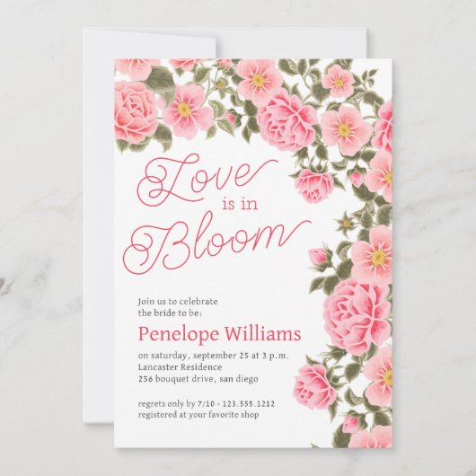 恋は開花ピンクかわいらしワイルドバラ 招待状 (正面)